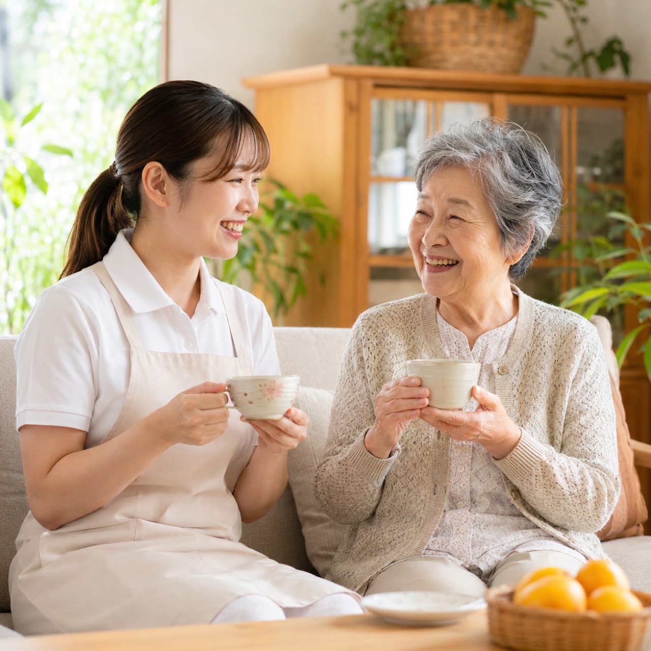 ご自宅で看護師と笑顔でお茶を楽しむ高齢の女性