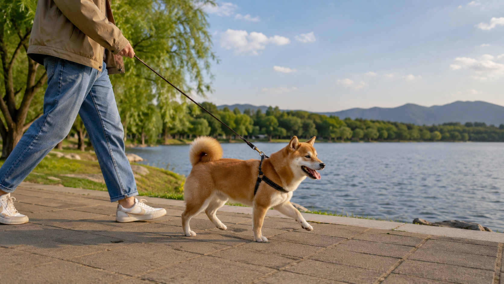 湖畔で犬を散歩する飼い主