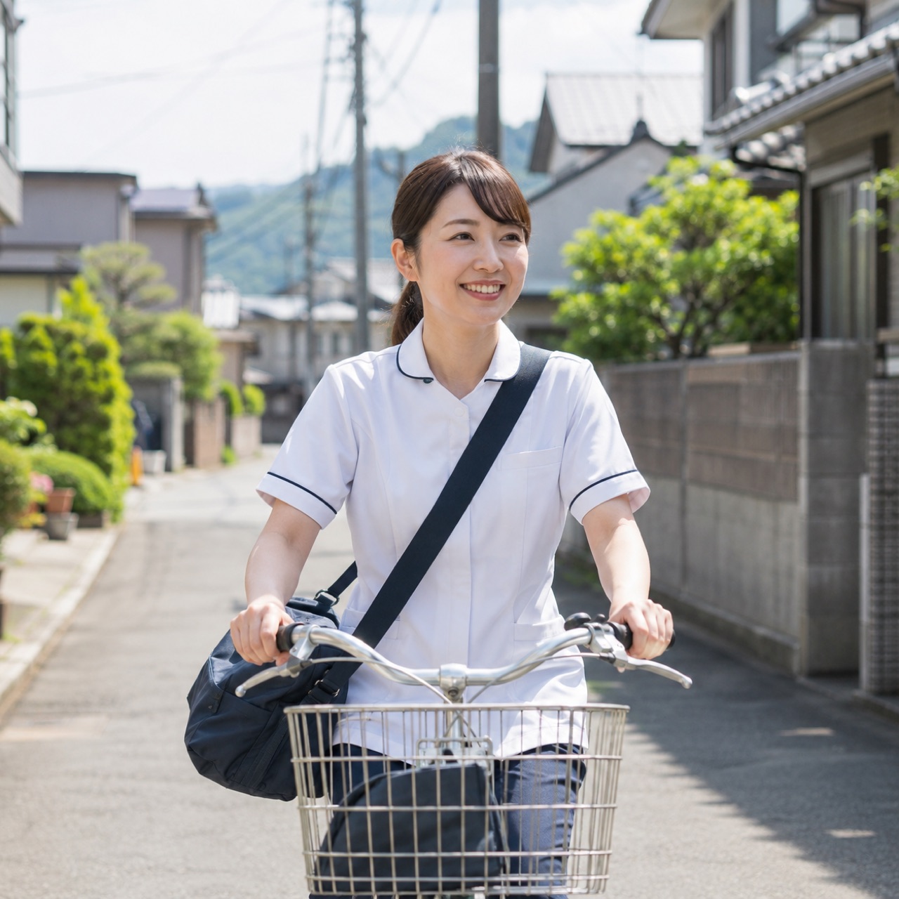 自転車で次のお宅へ向かう看護師